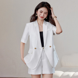 Women's Short Sleeve Blazer Suit Set Solid Color Viscose Fiber Breathable Casual Summer Style 2025 New Arrival - Product Image 1