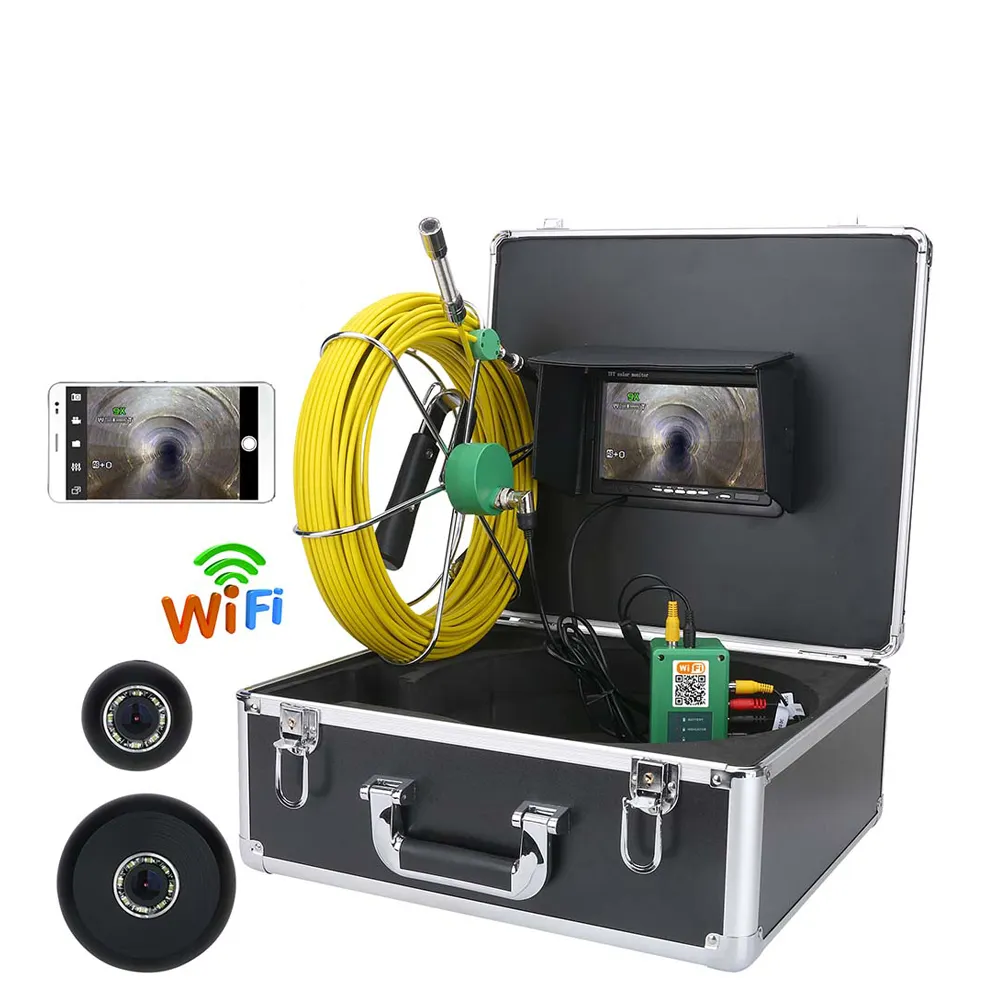 Kamera saluran pipa, WIFI 7 "LCD 17MM 20m-50m tahan air kamera Pipa inspeksi penguras pipa 1200TVL kamera dengan penghitung Meter 8GB SD