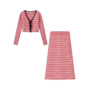 Ensemble pull Dalang rose rayé, haut en tricot à col en V et jupe, tenue deux pièces pour femme, vêtements printemps-automne - Product Image 1