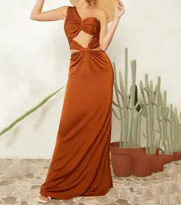 Custom High Quality One Shoulder Twist Front Cut Out Maxi Satin Dress Long Brown Bodycon Cut Out Women Dress