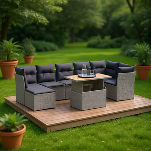 Conjunto de Sofá Modular de Jardín de Ratán Gris, 6 Plazas, Muebles de Exterior de Diseño Contemporáneo, Resistentes a la Intemperie - Product Image 2