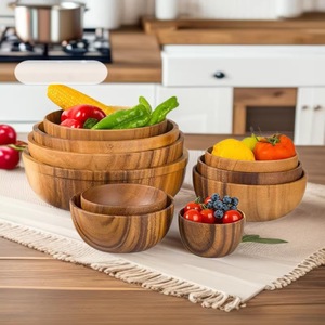 Juego de Tazones para Ensalada de Madera de Acacia con Acabado Natural, Tazones para Servir en la Cocina del Hogar, Vajilla de Madera Estilo Japandi - Product Image 1