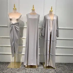 Trendy zarif müslüman mütevazı Kimono moda artı boyutu Dubai Maxi Abaya 3 adet Set türk elbiseler islam giyim toptan