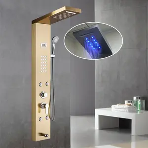 Golden Nickel gebürstet Dusch paneel Säule Türme Wasserfall Spa Jets Smart Led Dusch wand Panel 304 Edelstahl Zeitgenössisch