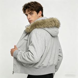 เสื้อฮู้ดดี้ผู้ชายขายดี หนัก 600GSM ผ้าฝ้าย 100% เฟรนช์เทอร์รี่ แต่งขนฟ็อกซ์ ซิปแบบรูดขึ้นลงได้ สั่งทำได้ - Product Image 2