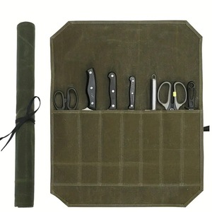Wet Wax Canvas Knife Storage Bag 7pcs Durable Portable Chef Kitchen Camping Barbecue Outdoor Tool Roll Case Khaki Military Green - Product Image 1
