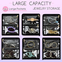 Étui de rangement pour bijoux de voyage, sacs à bijoux portables pour voyager, sac de rangement pour bijoux avec 24 pochettes en velours transparentes à fermeture éclair