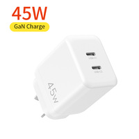 Chargeur rapide GaN PD double USB-C 45W avec prise AU, adaptateur secteur mural 2 ports pour ordinateur portable, iPhone 18 17, iPad Pro, tablette