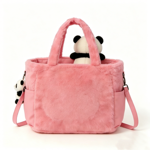 Customized Soft fuzzy panda cartoon handbag for girls, Fluffy <b>plush</b> panda <b>large</b> capacity shopping tote - Product Image 3