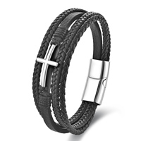 Bracelet tressé en cuir de vachette noir multicouche fait main avec fermoir magnétique en acier inoxydable pour homme