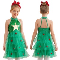 Robe de Noël pour filles, à sequins, dos nu, étoiles dorées, en tulle à volants, costume de scène de Noël, tenue de danse pour enfants, performance scénique personnalisée
