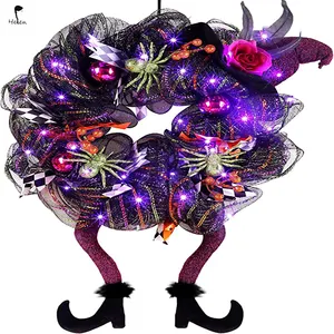 Helen Halloween Garland dengan 30 LED lampu ungu topi penyihir dekorasi kaki jala, Hocus Pocus dekoratif Garland, pesta liburan