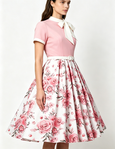 Abito midi vintage anni '50 con fiocco e collo alto, da donna, a maniche <span class=keywords><strong>corte</strong></span>, stampa floreale rosa, modello swing con cintura, elegante per feste, lunghezza tè - Product Image 2