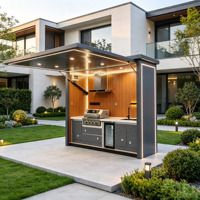 Station de cuisine extérieure préfabriquée personnalisable avec barbecue à gaz, évier, réfrigérateur et hotte pour jardin, patio ou terrasse moderne