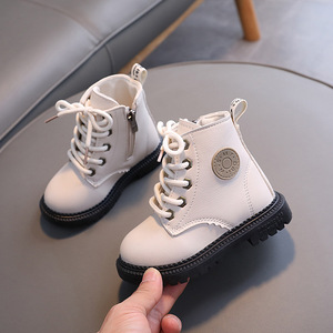 Bottes d'automne et d'hiver pour enfants, style britannique, semelles souples, bottes en cuir anti-dérapantes, lacets, bottes courtes imperméables - Product Image 3