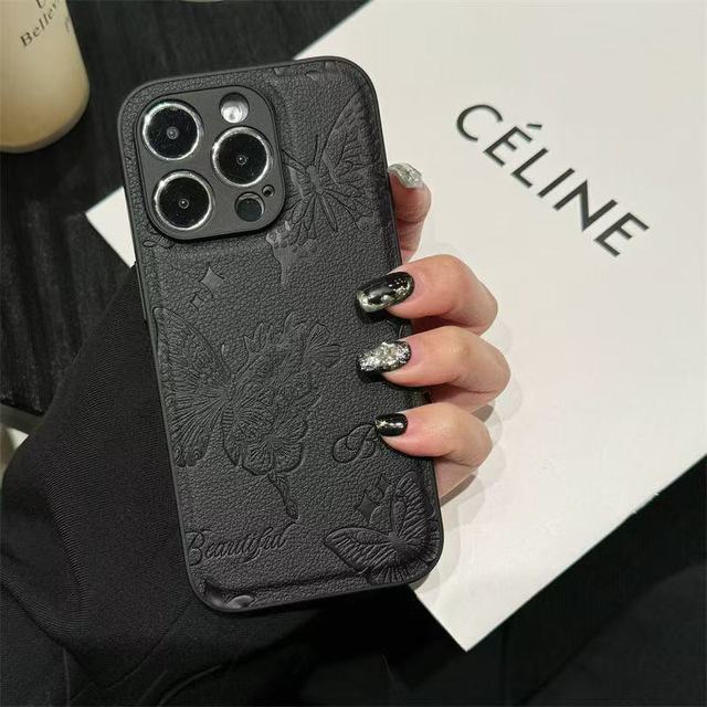Embossed Phone Case PU Leather Butterfly for iPhone
