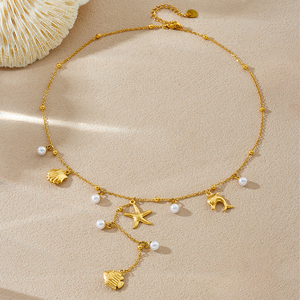 Collar Lariat <span class=keywords><strong>de</strong></span> Acero Inoxidable 316L Dorado con Colgante en Y <span class=keywords><strong>de</strong></span> Perla, Delfín, Estrella <span class=keywords><strong>de</strong></span> Mar y Concha, Joyería para Mujer, Venta al por Mayor, Personalizado OEM - Product Image 5