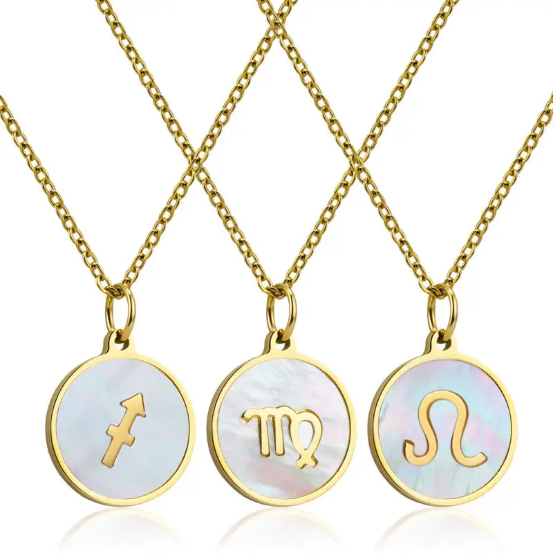 High Quality Natural Shell 18 k Gold plated Titanium Steel Round Coin Charm 12 Necklace Zodiac Signs