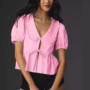 Chemise Ohsisa 2025 pour femme, nouvelle collection printemps-été, motif à pois, carreaux et couleur unie, manches courtes, col Claudine à lacets - Product Image 2