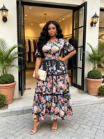 Ventes en gros de robes plissées à manches courtes à imprimé floral à col en V, robes élégantes décontractées pour femmes grandes tailles