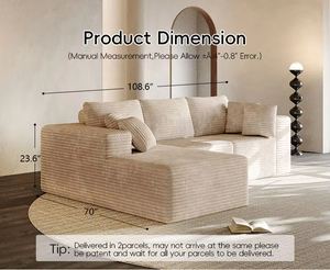 Sofá Nuvem em Corduroy em Forma de L - Sofá Seccional Fluffy Comprimido a Vácuo para Móveis de Sala de Estar - Product Image 2