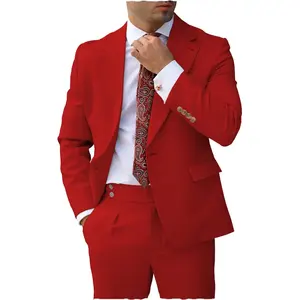 Nuovo vestito da uomo rosso blu 2 pezzi tacca risvolto piatto Slim Fit smoking Casual per matrimonio (Blazer + pantaloni) abiti da uomo d'affari abbigliamento