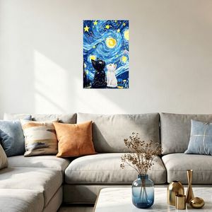 Tableau mural moderne rectangulaire sans cadre, motif animaux et fleurs, toile imprimée sur toile, motif chats nuit étoilée, cadre beige minimaliste, pour mariage - Product Image 2