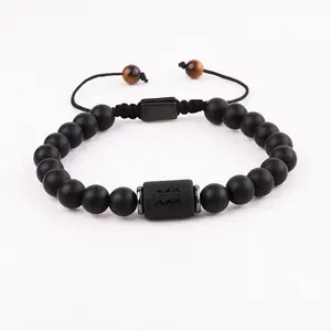 Jewelry Factory Yiwu Matte Black Agate Beads 12 Zodiac Custom Logo Friendship Adjustable Bracelet