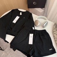 Spot Spring Summer New Casual Solid Cotton Terry 2 Piece Crewneck Long Sleeve Sweat Drawstring Shorts Set Women