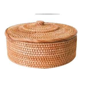 Boho Style Rattan <b>Storage</b> Basket with Lid Round Woven Wicker Container for Tabletop Organization and Home Decor from Vietnam - Product Image 1
