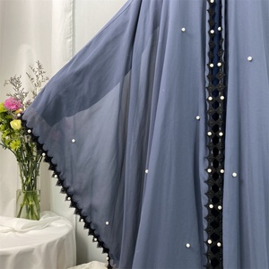 Luxury Pearls Muslim Abaya Best Sale Eid Black Lace Border Side Split Bottom <b>Cardigan</b> Breathable Chiffon Women Open Abaya 1653# - Product Image 2