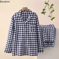 Nouvel ensemble de pyjamas décontractés en coton pour femme, automne-hiver, 2 pièces, motif écossais, col rabattu, vêtements de nuit, tenue d'intérieur pour couple