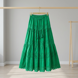 Women's Wrap Casual Floor-Length Corduroy Skirt Crochet Hollow <b>Lace</b> A-Line Solid Rayon Belt Tassel Decoration High Waist - Product Image 3