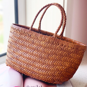 Sac tissé rétro très tendance en cuir véritable, panier à nourriture français grande capacité, sac à main en cuir de vachette pleine fleur - Product Image 4