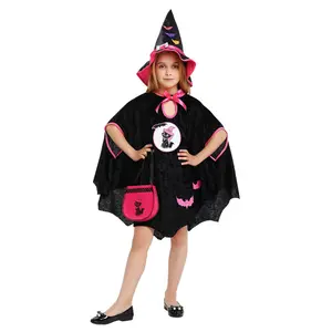 万圣节儿童服装舞台猫黑色和粉色皮棉斗篷连衣裙蝙蝠女孩可爱斗篷角色扮演派对