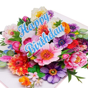 Tarjeta de Cumpleaños Pop-Up Floral con Flores Coloridas, Diseño Troquelado, Forma Rectangular, Material de Papel Kishu Premium - Product Image 4