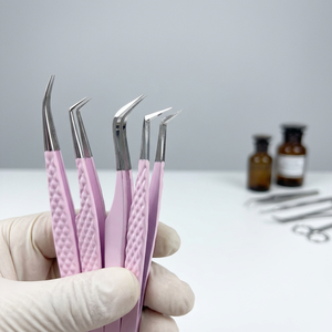 Ensemble de pinces à épiler professionnelles en acier inoxydable texturé rose diamant pour extensions de cils, applicateur de cils incurvé haute précision - Product Image 1