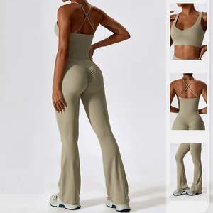 Leggings a maniche lunghe da donna Set Yoga Crop Top da donna reggiseno con spalline sottili da ginnastica completo da donna gilet incrociato a svasato pantaloni sportivi - Product Image 2