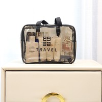 Sac cosmétique transparent en PVC avec fermeture éclair à motif lettres, taille moyenne, poignée souple, trousse de maquillage de voyage, résistant à l'eau