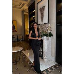 Robe de soirée noire basique style robe de bal avec fente, taille empire, longueur ras du sol, pour soirée formelle et bal de promo, taille XL - Product Image 2