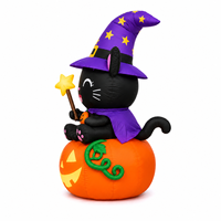 Décoration de fête d'Halloween pour extérieur et jardin : Chat noir gonflable avec citrouille et chapeau de sorcière, éclairage LED