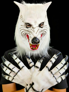 Masque de <span class=keywords><strong>loup</strong></span> <span class=keywords><strong>blanc</strong></span> en fourrure, costume en vinyle PVC souple, design intégral pour le visage, avec gants en forme de pattes de <span class=keywords><strong>loup</strong></span> pour Halloween et cosplay - Product Image 4