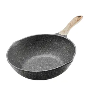 Wok à fond plat à induction JEETEE, revêtement antiadhésif, wok en aluminium, pierre marbrée, poignée en bakélite effet bois, OEM 1000 pièces - Product Image 1