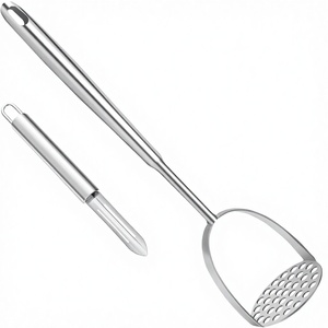 VOOVAO 手动长柄土豆捣碎器带削皮器 易于清洁 304 不锈钢 可用洗碗机清洗 - Product Image 1