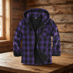 Premium Men's Thick Plaid Fleece <b>Jacket</b> with Sherpa Lining Full Zip Hooded Winter Streetwear Purple & Black - Product Image 3