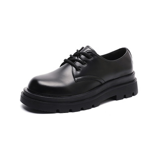 Mocassins pour hommes en cuir véritable, à enfiler, bout carré, minimalistes, à semelle épaisse, rehaussants, noirs, pour le travail et décontractés - Product Image 1