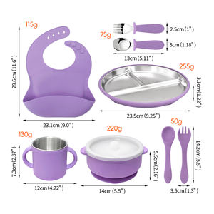 Juego de alimentación para bebés de 8 piezas, platos y tazones de acero inoxidable con ventosas, tenedor y cuchara de silicona, utensilios para la alimentación complementaria (BLW) - Product Image 2