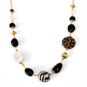 Women's Bohemian Statement Charm Necklace Black White Zinc Alloy Tassel Beads Gold Plated Fashion Party Jewelry - Product Image 1