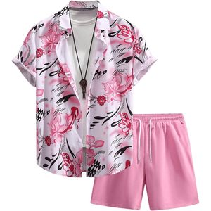 FOXA Conjunto de camisa con botones y pantalones cortos con cordón y estampado floral para hombre, talla grande, conjunto informal de verano - Product Image 1