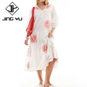 Vestido Midi de Playa con Estampado de Verano, Diseño de Fábrica, Manga Abullonada, Cuello en V, Personalizado, Suave, 100% Algodón - Product Image 1